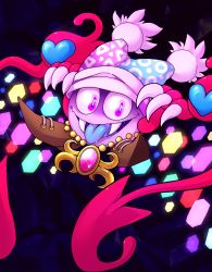 Rule 34 | 1boy, absurdres, blue tongue, circle, claws, colored tongue, commentary, crazy eyes, crazy smile, dark background, fangs, floating, hagalaz, hat, heart, hexagon, highres, jester cap, jewelry, kirby (series), kirby super star ultra, male focus, marx (kirby), marx soul, necklace, nintendo, no humans, pale skin, purple eyes, purple wings, saliva, scales, shaded face, smile, solo, tongue, tongue out, triangle, wings