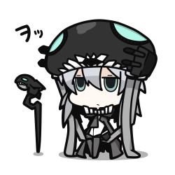 Rule 34 | 10s, 1girl, abyssal ship, aqua eyes, cane, cape, chibi, hair between eyes, hat, highres, i-class destroyer, kantai collection, nuu (nu-nyu), short hair, silver hair, wo-class aircraft carrier