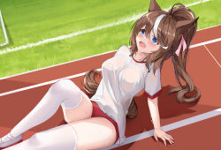 Rule 34 | 1girl, absurdres, arm support, blue eyes, blush, breasts, brown hair, buruma, collarbone, commentary request, dongyue sakura, foot out of frame, highres, horse girl, large breasts, long hair, multicolored hair, open mouth, ponytail, red buruma, running track, shirt, shoes, sitting, streaked hair, sweat, thighhighs, thighs, tokai teio (umamusume), umamusume, white footwear, white hair, white shirt, white thighhighs