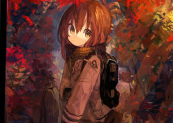 Rule 34 | 1girl, absurdres, alternate costume, autumn, backpack, bag, brown eyes, brown hair, brown jacket, closed mouth, folded ponytail, hair between eyes, highres, inazuma (kancolle), jacket, kaamin (mariarose753), kantai collection, long hair, long sleeves, looking at viewer, solo, upper body