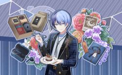 Rule 34 | 1boy, almond, aoyagi touya, blue hair, bow, brooch, buttons, cake, character name, closed mouth, coffee, colorful palette, cowboy shot, cup, dark blue hair, flower, food, grey eyes, highres, holding, holding plate, holding spoon, jacket, jewelry, lanyard, lapels, leaf, long sleeves, looking at viewer, male focus, mole, mole under eye, multicolored hair, notched lapels, official art, open clothes, open jacket, plaid, plaid jacket, plate, project sekai, solo, split-color hair, spoon, stamp mark, string of flags, striped, sweater, third-party source, turtleneck, turtleneck sweater, two-tone hair, vertical stripes, violet (flower), wireless earphones
