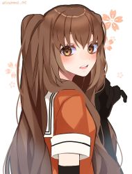 Rule 34 | 1girl, alternate hair length, alternate hairstyle, black gloves, brown eyes, brown hair, commentary request, elbow gloves, floral background, from behind, gloves, highres, kantai collection, kozu (bloomme1 me), looking at viewer, looking back, one-hour drawing challenge, open mouth, orange shirt, school uniform, sendai (kancolle), serafuku, shirt, solo, teeth, upper body, upper teeth only, white background