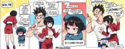 Rule 34 | 1boy, 2girls, anger vein, backpack, bag, black eyes, black hair, blue eyes, bob cut, comic, commentary, crossed arms, dragon ball, dragon ball super, dragon ball super super hero, english commentary, english text, family, father and daughter, frown, glasses, hat, highres, husband and wife, index finger raised, jewelry, mother and daughter, multiple girls, muscular, muscular male, necklace, open mouth, pan (dragon ball), pencil skirt, pleated skirt, puffphox, school uniform, shirt grab, short hair, skirt, smile, son gohan, videl
