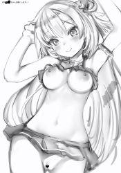 Rule 34 | 1girl, akai haato, akai haato (hololive summer 2019), arms up, bad id, bad twitter id, bikini, bikini top only, bottomless, breasts, censored, greyscale, hair ornament, heart, heart censor, heart hair ornament, highres, hololive, jewelry, long hair, lying, monochrome, nanashi (nlo), navel, necklace, nipples, on back, pussy, smile, solo, swimsuit, virtual youtuber