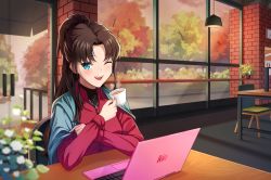 Rule 34 | 1girl, absurdres, anger origin, blanket, blush, bush, cafe, chair, coffee, coffee cup, computer, cream, cream on face, cup, disposable cup, elbows on table, fate/stay night, fate (series), food, food on face, glass door, hair over shoulder, high ponytail, highres, holding, holding cup, huge filesize, indoors, jewelry, korean commentary, laptop, lights, long hair, looking at viewer, necklace, one eye closed, open mouth, pendant, smile, solo, steam, table, tohsaka rin, tree, turtleneck, window