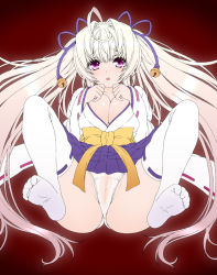 Rule 34 | 1girl, :o, ahoge, bell, bow, breasts, cameltoe, cleavage, feet, full body, hair bell, hair ornament, hair ribbon, isse, japanese clothes, large breasts, long hair, looking at viewer, lying, miko, no shoes, on back, open mouth, original, pleated skirt, purple eyes, pussy, ribbon, ribbon-trimmed legwear, ribbon-trimmed sleeves, ribbon trim, see-through, simple background, skirt, soles, solo, thighhighs, toes, white hair, white thighhighs