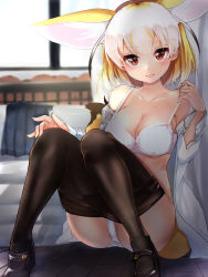 Rule 34 | 10s, 1girl, animal ears, black footwear, black pantyhose, blurry, blurry background, blush, bra, breasts, cleavage, clothes pull, collarbone, depth of field, extra ears, fennec (kemono friends), fox ears, fox tail, highres, indoors, kemono friends, kinou no shika, knees together feet apart, long sleeves, looking at viewer, mary janes, medium breasts, off shoulder, on floor, open clothes, open shirt, panties, pantyhose, pantyhose pull, parted lips, red eyes, shirt, shoes, sitting, solo, tail, underwear, white bra, white panties, white shirt