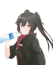 Rule 34 | 1girl, absurdres, black hair, black jacket, black shirt, bottle, hair between eyes, highres, holding, holding bottle, jacket, long hair, long sleeves, looking at viewer, lrichle, lucia: plume (punishing: gray raven), lucia (punishing: gray raven), multicolored hair, necktie, punishing: gray raven, red eyes, red hair, red necktie, shirt, solo, streaked hair, sweat, twintails, water bottle, white background