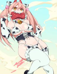 Rule 34 | 1girl, aetherion, animal ears, animal print, bare shoulders, bell, biting, boned meat, bra, breasts, chainsaw man, covered erect nipples, cow ears, cow print, cross-shaped pupils, demon horns, detached sleeves, fake animal ears, feet out of frame, food, garter belt, garter straps, highres, horns, large breasts, legwear garter, lingerie, meat, navel, neck bell, panties, pink hair, power (chainsaw man), print bra, print panties, red horns, sharp teeth, solo, symbol-shaped pupils, teeth, thighhighs, twintails, underwear, white thighhighs, yellow eyes