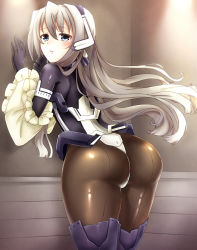 Rule 34 | 1girl, against wall, ass, blue eyes, blush, bodysuit, detached sleeves, from behind, gloves, headgear, highres, himaneko, horizon ariadust, kyoukaisenjou no horizon, long hair, looking at viewer, pantyhose, shiny clothes, silver hair, solo, thong, very long hair