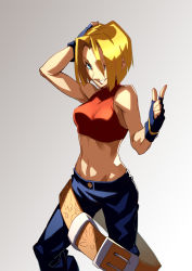 Rule 34 | 1girl, baggy pants, bare shoulders, belt, blonde hair, blue eyes, blue mary, breasts, fatal fury, female focus, fingerless gloves, gloves, gradient background, highres, l.k, large breasts, midriff, navel, pants, short hair, smile, snk, solo, straight hair, the king of fighters