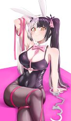 Rule 34 | 1girl, absurdres, alternate costume, animal ears, black hair, black leotard, black nails, blush, breasts, cleavage, clothing cutout, collar, cuffs, detached collar, fake animal ears, handcuffs, heart cutout, highres, hololive, hololive english, large breasts, leotard, long hair, looking at viewer, mmneko, multicolored hair, nail polish, nail polish brush, playboy bunny, rabbit ears, rabbit hole (vocaloid), shiori novella, smile, solo, split-color hair, strapless, strapless leotard, twintails, virtual youtuber, vocaloid, white collar, white hair, yellow eyes