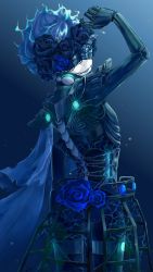 Rule 34 | 1boy, ajinori s1, black flower, black rose, blue background, blue cape, blue flower, blue hair, blue lips, blue rose, blue theme, cape, chain, covered eyes, cowboy shot, crinoline, eye mask, facial mark, facing viewer, fiery hair, flower, from behind, glowing, hair flower, hair ornament, hand up, highres, joints, lace trim, light particles, male focus, mechanical parts, ortho shroud, parted lips, robot joints, rose, short hair, solo, spiked hair, spine, thorns, twisted wonderland