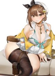 Rule 34 | 1girl, absurdres, atelier (series), atelier ryza, atelier ryza 2, bare shoulders, blush, breasts, brown hair, cleavage, collarbone, hat, highres, jewelry, jikatarou, key, key necklace, large breasts, looking at viewer, necklace, red shorts, reisalin stout, short hair, short shorts, shorts, solo, thigh strap, thighhighs, thighs, white hat