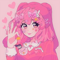 Rule 34 | 1girl, bandaid, bow, food-themed hair ornament, hair bow, hair ornament, hairclip, hand up, highres, kuromi, long sleeves, looking at viewer, meowwniz, my melody, onegai my melody, original, pink bow, pink eyes, pink hair, pink headwear, pink shirt, sanrio, shirt, smile, solo, star (symbol), star hair ornament, strawberry hair ornament, upper body