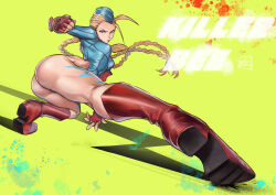 Rule 34 | 1girl, absurdres, ahoge, ass, blonde hair, blue eyes, blue leotard, bodypaint, boots, braid, breasts, brown footwear, cammy white, camouflage, clenched hand, closed mouth, commentary request, fingerless gloves, full body, garrison cap, gloves, hat, highleg, highleg leotard, highres, juaag acgy, knee boots, leotard, long hair, long sleeves, looking at viewer, medium breasts, red gloves, solo, street fighter, street fighter zero (series), thighs, thong leotard, twin braids, yellow background