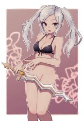 Rule 34 | 1girl, bikini, bikini top only, black bikini, bodysuit, border, bottomless, breasts, bright pupils, fingernails, fire emblem, fire emblem awakening, front-tie bikini top, front-tie top, grey eyes, grey hair, highres, holding, holding sword, holding weapon, lamb-oic029, long hair, looking at viewer, medium breasts, navel, nintendo, open mouth, red bodysuit, robin (female) (fire emblem), robin (fire emblem), solo, standing, swimsuit, sword, twintails, weapon, white border