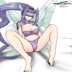 Rule 34 | 1girl, absurdres, arms at sides, artist name, barefoot, bikini, bra, breasts, butterfly hair ornament, butterfly wings, cleavage, digimon, digimon (creature), digimon frontier, facial mark, fairimon, h-tmimi mimi, hair ornament, highres, insect wings, lips, long hair, medium breasts, navel, panties, purple bikini, purple bra, purple hair, purple panties, shoulder pads, solo, spread legs, swimsuit, underwear, visor (armor), wings