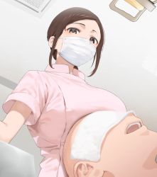 Rule 34 | 1boy, 1girl, air conditioner, bald, breast rest, breasts, breasts on head, brown hair, covered mouth, dentist, highres, hospital, indoors, large breasts, looking down, nekoshoko, open mouth, original, pink shirt, shirt, short sleeves, towel, towel on head, upper body, white mask