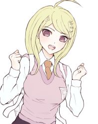 1girl :d ahoge akamatsu_kaede breasts clenched_hands danganronpa_(series) danganronpa_v3:_killing_harmony fortissimo hair_ornament ido_(kanpan_douzo) large_breasts long_hair long_sleeves musical_note musical_note_hair_ornament open_mouth pink_eyes pink_sweater_vest shirt simple_background skirt smile solo sweater_vest teeth upper_teeth_only white_shirt