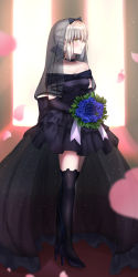 Rule 34 | 1girl, absurdres, artoria pendragon (all), artoria pendragon (fate), black dress, black thighhighs, bouquet, braid, breasts, dress, fate/grand order, fate/stay night, fate (series), flower, from side, hair ribbon, high heels, highres, holding, holding bouquet, holding flower, light, looking at viewer, petals, ribbon, saber alter, sii artatm, solo, thighhighs, veil, wedding dress