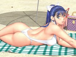Rule 34 | 1girl, 3d, :d, armpits, ass, back, bag, beach, blue eyes, blue hair, blush, bow, breasts, covered erect nipples, earrings, game cg, hair bow, jewelry, large breasts, lipstick, long hair, looking at viewer, looking back, lying, makeup, matching hair/eyes, mifune nagisa, on stomach, one-piece swimsuit, one-piece thong, open mouth, outdoors, parasol, plaid, ponytail, profile, sand, shadow, sideboob, sister mermaid, slingshot swimsuit, smile, solo, swimsuit, towel, tsukasa jun, umbrella, underboob, white one-piece swimsuit