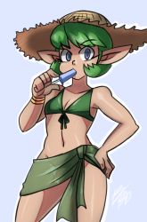 Rule 34 | 1girl, bad id, bad tumblr id, bigdead, bikini, bikini top only, blue eyes, breasts, cowboy shot, food, green hair, hand on own hip, hat, highres, looking at viewer, navel, nintendo, no panties, pointy ears, popsicle, saria (zelda), sarong, short hair, small breasts, solo, straw hat, swimsuit, tan, the legend of zelda, the legend of zelda: ocarina of time