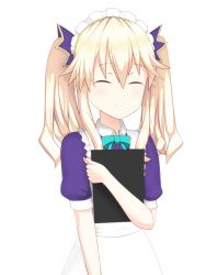 Rule 34 | 1girl, alternate costume, blonde hair, bow, bowtie, enmaided, closed eyes, facing viewer, hair ornament, highres, histoire, long hair, maid, maid headdress, medium hair, neptune (series), smile, solo, twintails, white background