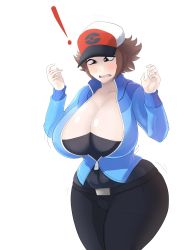 Rule 34 | !, 1girl, absurdres, baseball cap, blush, breasts, brown eyes, brown hair, cleavage, creatures (company), curvy, game freak, genderswap, genderswap (mtf), hat, highres, hilbert (pokemon), huge breasts, motion lines, nintendo, open mouth, pants, pokemon, pokemon bw, short hair, simple background, solo, standing, thick thighs, thighs, white background, wide hips, xiceowl