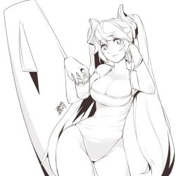 Rule 34 | 1girl, alternate costume, armpits, breasts, chinese text, cleavage, closed mouth, cowboy shot, dated, ejami, greyscale, halterneck, head tilt, league of legends, leaning to the side, long hair, looking at viewer, monochrome, one-piece swimsuit, simple background, solo, sona (league of legends), standing, swept bangs, swimsuit, thighs, translation request, very long hair, white background, wide hips