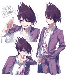 Rule 34 | 10s, 1boy, bad id, bad twitter id, beard, bleeding, blood, blood from mouth, blood on face, blood on clothes, character name, danganronpa (series), danganronpa v3: killing harmony, closed eyes, facial hair, goatee, jacket, jacket on shoulders, long hair, male focus, momota kaito, multiple boys, multiple views, open mouth, pants, pink blood, purple eyes, purple hair, school uniform, shirt, short hair, simple background, smile, space print, spiked hair, spoilers, starry sky print, turn pale, white background, wiping face