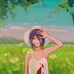 Rule 34 | 1girl, arm up, blood, blood on clothes, blood on face, blue sky, camisole, chainsaw man, day, field, green eyes, hair over one eye, hat, looking at viewer, medium hair, parted lips, purple hair, reze (chainsaw man), sky, smile, solo, solraka, sun hat, white camisole
