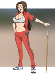 Rule 34 | 1girl, breasts, brown hair, cleavage, feet, full body, hand on own hip, highres, jacket, jewelry, kagemusha, large breasts, legs, long hair, midriff, navel, necklace, open clothes, open mouth, original, pants, purple eyes, red jacket, red pants, serious, shinai, shoes, simple background, sneakers, solo, sports bra, standing, sword, thighs, watch, weapon, wristwatch