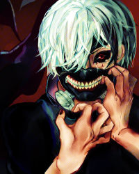 Rule 34 | 10s, 1boy, bad id, bad pixiv id, black sclera, colored sclera, crying, crying with eyes open, eyepatch, highres, kaneki ken, looking at viewer, lxouoxl, male focus, mask, nail polish, red eyes, red sclera, ritsu (rrr), short hair, solo, tears, teeth, tokyo ghoul, toned, white hair