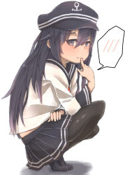 Rule 34 | 10s, 1girl, absurdres, akatsuki (kancolle), anchor symbol, bad id, bad pixiv id, black pantyhose, blush, commentary request, finger to mouth, flat cap, hair between eyes, hat, highres, ichininmae no lady, kantai collection, long hair, looking at viewer, nabeo, pantyhose, purple eyes, purple hair, school uniform, serafuku, skirt, solo, spoken blush, squatting, wavy mouth