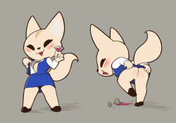 Rule 34 | 1girl, :3, aggressive retsuko, ajin (ajinhdremix), animal ears, animal nose, anus, ass, bent over, black eyes, black footwear, blue skirt, blue vest, blush, body fur, breasts, cleft of venus, clothes lift, cocktail glass, cup, drink, drinking glass, female focus, fenneko, flashing, formal, fox ears, fox girl, fox tail, from behind, furry, furry female, grey background, half-closed eyes, hands up, happy, holding, holding drink, holding drinking glass, leaning forward, leg up, legs, legs apart, lifted by self, long sleeves, looking at viewer, looking back, miniskirt, multiple views, nipples, no bra, office lady, open clothes, open mouth, open shirt, open vest, pencil skirt, pussy, shirt, shirt tucked in, shoes, sideways mouth, simple background, skirt, skirt lift, skirt suit, small breasts, smile, spill, standing, standing on one leg, suit, tail, tail raised, thighs, vest, white shirt, yellow fur