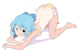 Rule 34 | 1girl, bikini, blue bow, blue eyes, blue hair, bow, bow bikini, cirno, full body, hair between eyes, highres, ice, ice wings, kt kkz, looking at viewer, one-piece tan, short hair, simple background, swimsuit, tan, tanline, touhou, white background, wings, yellow bikini