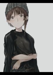 Rule 34 | 1girl, asymmetrical hair, brown hair, closed mouth, hair ornament, hairclip, hat, highres, iwakura lain, letterboxed, looking at viewer, serial experiments lain, short hair, simple background, solo