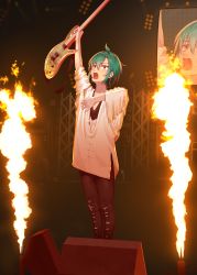 Rule 34 | 1other, :o, absurdres, ahoge, androgynous, bad id, bad pixiv id, black legwear, earrings, fire, fire, green hair, guitar, guitaro (yabasaki taro), headset, highres, holding, holding instrument, indoors, instrument, jewelry, necklace, nijisanji, purple eyes, ryuushen, short hair, solo, speaker, stage, virtual youtuber, wide sleeves