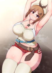 Rule 34 | 1girl, armpits, arms up, asymmetrical bangs, atelier (series), atelier ryza, breasts, brown background, brown eyes, brown hair, closed mouth, collarbone, from above, gradient background, hat, highres, jewelry, large breasts, looking at viewer, matching hair/eyes, midriff, necklace, ponponmaru, red shorts, reisalin stout, short hair, short shorts, shorts, sidelocks, sitting, sleeveless, smile, solo, sweat, thick thighs, thighhighs, thighs, white background, white thighhighs