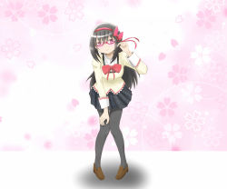 Rule 34 | 10s, 1girl, akemi homura, black hair, blush, bow, closed mouth, glasses, hair bow, hand on own knee, highres, long hair, looking at viewer, mahou shoujo madoka magica, mahou shoujo madoka magica (anime), pantyhose, petals, pink eyes, school uniform, skirt, smile, teina