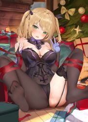 Rule 34 | 1girl, absurdres, alternate breast size, bare shoulders, black dress, black garter straps, black pantyhose, black ribbon, black thighhighs, blonde hair, blue gloves, blush, bound, bow, bowtie, box, breasts, bridal gauntlets, cameltoe, christmas, christmas present, christmas tree, cleavage, covered erect nipples, double v, dress, feet, feet up, fischl (genshin impact), fishnets, garter straps, genshin impact, gift, gift box, gloves, green eyes, hair ribbon, hands up, highres, indoors, lanyingchengzhi, large breasts, leaning back, legs, looking at viewer, no eyepatch, no shoes, open mouth, pantyhose, pubic tattoo, purple bow, purple bowtie, pussy, pussy juice, red ribbon, ribbon, ribbon bondage, see-through, see-through legwear, single garter strap, single glove, single leg pantyhose, single thighhigh, sitting, soles, solo, spread legs, tattoo, thighhighs, thighs, toes, two side up, v, wooden floor, yellow bow