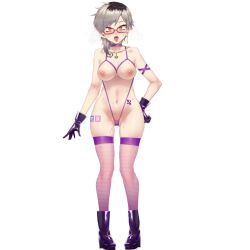 Rule 34 | 1girl, 2023, ahegao, aroused, bikini, blush, boots, breasts, breath, cameltoe, chest tattoo, choker, earrings, fishnet thighhighs, fishnets, glasses, gloves, grey hair, in heat, jewelry, large breasts, latex, latex boots, latex gloves, looking at viewer, micro bikini, mikami manon, mizuryu kei, navel, necklace, nipples, original, purple bikini, purple choker, purple thighhighs, pussy juice, pussy juice trail, revealing clothes, semi-rimless eyewear, short hair, skindentation, slingshot swimsuit, solo, standing, sticker, sticker on leg, stomach tattoo, swimsuit, tattoo, thighhighs, tongue, tongue out, virtual youtuber, white background, yellow eyes