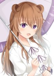 Rule 34 | 1girl, artist name, artist request, blue ribbon, blush, bow, breasts, brown hair, butterfly (love live!), close-up, collared dress, double bun, dress, dress bow, female focus, hair between eyes, hair bun, hair over shoulder, hair rings, highres, holding, holding umbrella, konoe kanata, long hair, long sleeves, looking at viewer, love live!, love live! nijigasaki high school idol club, love live! school idol festival, medium breasts, neck ribbon, parted lips, plaid, plaid dress, pleated, pleated dress, puffy long sleeves, puffy sleeves, purple eyes, purple umbrella, ribbon, smile, solo, two side up, umbrella, upper body, white dress