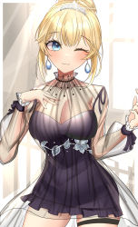 Rule 34 | 1girl, absurdres, black dress, blonde hair, blue eyes, blush, breasts, cleavage, closed mouth, collarbone, dress, earrings, hand on own chest, highres, hololive, hololive english, jewelry, large breasts, looking at viewer, mole, mole on breast, one eye closed, short hair, sidelocks, smile, solo, tiara, virtual youtuber, watson amelia, watson amelia (party dress), weyas kayur