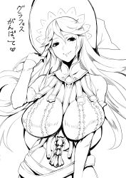 Rule 34 | 10s, absurdres, breasts, granblue fantasy, greyscale, hat, highres, huge breasts, long hair, magisa (granblue fantasy), monochrome, pokkora, smile, solo, witch hat