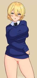 Rule 34 | 1girl, :o, blonde hair, blue eyes, blush, bottomless, braid, breast hold, breasts, cleft of venus, cowboy shot, darjeeling (girls und panzer), dated, girls und panzer, highres, k-dam, large breasts, long sleeves, looking at viewer, naughty face, no panties, pussy, school uniform, simple background, solo, st. gloriana&#039;s school uniform, thighs
