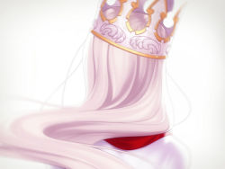 Rule 34 | 1girl, blurry, crown, dress of heaven, fate/stay night, fate (series), from behind, headpiece, heaven&#039;s feel, illyasviel von einzbern, long hair, official art, solo, spoilers, takeuchi takashi, white background, white hair