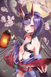 Rule 34 | 1girl, alcohol, bare shoulders, blush, bob cut, breasts, cherry blossoms, collarbone, cup, eyeliner, fate/grand order, fate (series), full moon, headpiece, highres, horns, japanese clothes, kimono, lantern, long sleeves, looking at viewer, makeup, moon, navel, obi, off shoulder, oni, open mouth, paper lantern, petals, pouring, purple eyes, purple hair, purple kimono, revealing clothes, sakazuki, sake, sash, short hair, short kimono, shuten douji (fate), skin-covered horns, small breasts, smile, teira, wide sleeves