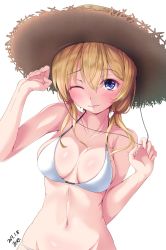 Rule 34 | 10s, 1girl, 2017, bikini, blonde hair, blue eyes, blush, breasts, cleavage, dated, halterneck, hat, highres, kantai collection, long hair, looking at viewer, low twintails, maimu (gol-em-1226), navel, one eye closed, prinz eugen (kancolle), simple background, solo, straw hat, string bikini, swimsuit, twintails, white background, white bikini